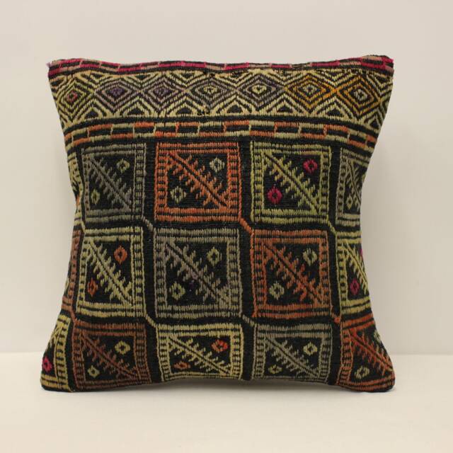 Handwoven Turkish Kilim Pillow Cover, Bohemian Wool Cushion - 16x16 - image 1