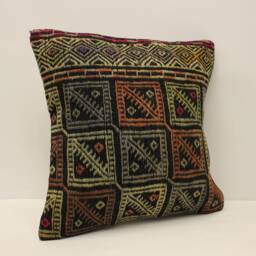 Handwoven Turkish Kilim Pillow Cover, Bohemian Wool Cushion - 16x16 - thumbnail 2