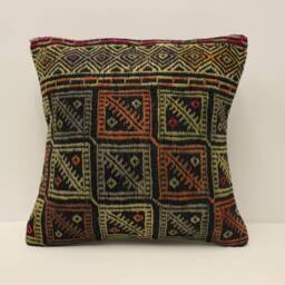 Handwoven Turkish Kilim Pillow Cover, Bohemian Wool Cushion - 16x16 - thumbnail 1