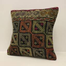Handwoven Turkish Kilim Pillow Cover, Bohemian Wool Cushion - 16x16 - thumbnail 3