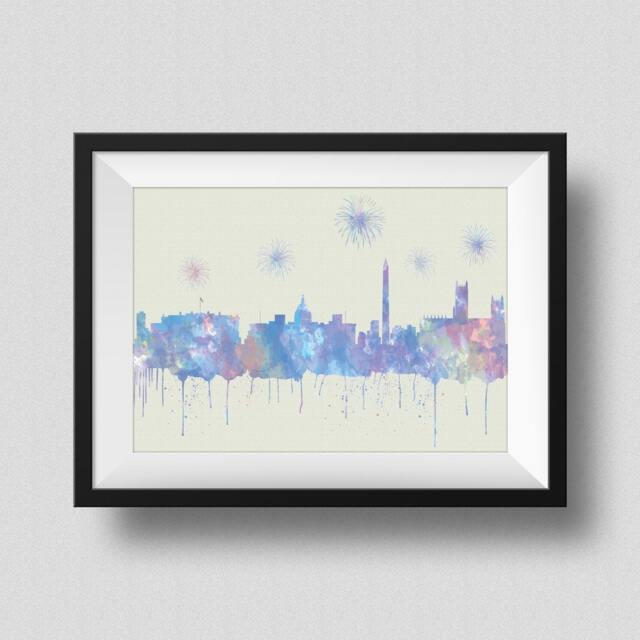 Washington Dc Skyline Watercolor Map Art Print City With Firework Ink Splash Poster Canvas