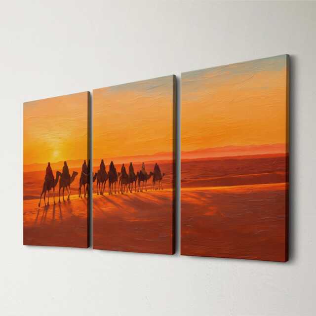 Moroccan Desert Sunset Camel 3 Panel Split Canvas Wall Art Sahara Landscape Oil Painting Framed Home Boho Decor Gift - image 1