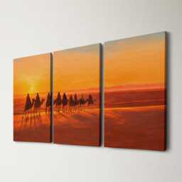 Moroccan Desert Sunset Camel 3 Panel Split Canvas Wall Art Sahara Landscape Oil Painting Framed Home Boho Decor Gift