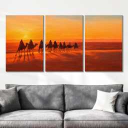 Moroccan Desert Sunset Camel 3 Panel Split Canvas Wall Art Sahara Landscape Oil Painting Framed Home Boho Decor Gift - thumbnail 2