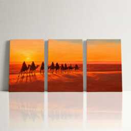 Moroccan Desert Sunset Camel 3 Panel Split Canvas Wall Art Sahara Landscape Oil Painting Framed Home Boho Decor Gift - thumbnail 3