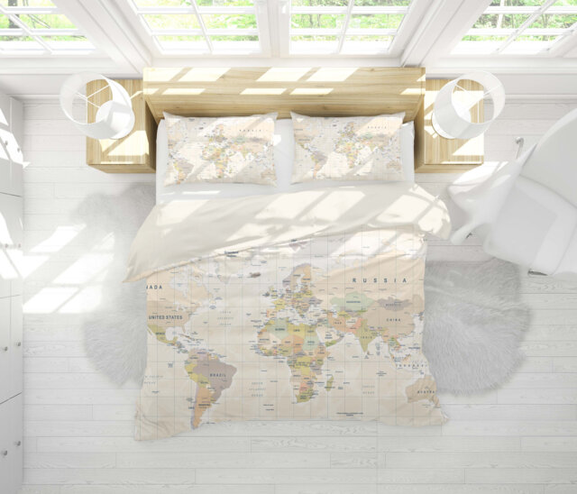 3D World Map Duvet Cover Set, Warm Tones Bedding - image 1