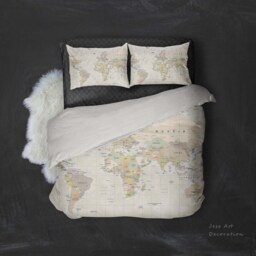 3D World Map Duvet Cover Set, Warm Tones Bedding - thumbnail 3