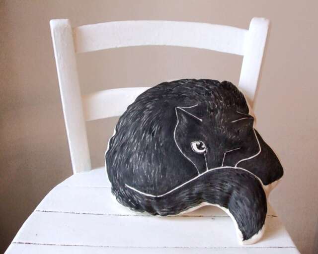Hand-Painted Black Cat Pillow, Decorative Cotton Cushion - image 1
