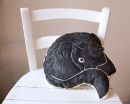 Hand-Painted Black Cat Pillow, Decorative Cotton Cushion - thumbnail 1