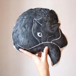 Hand-Painted Black Cat Pillow, Decorative Cotton Cushion - thumbnail 2