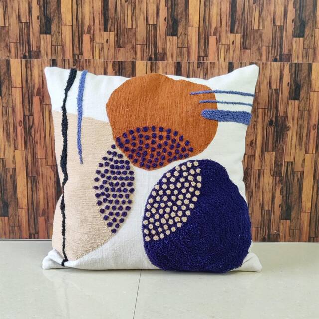 Embroidered Boho Pillow Cover Navy, Rust, & Ivory Cotton Cushion - image 1