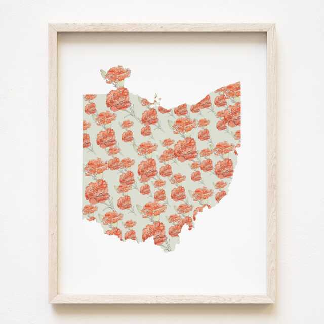 Ohio State Flower Map Watercolor Scarlet Carnation - Art Print Floral Mothers Day Gift Wall Graduation Wedding Realtor Moving - image 1