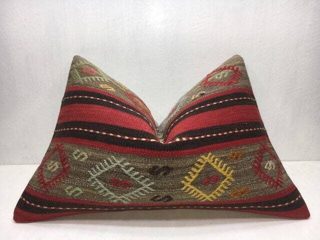 Vintage Handwoven Kilim Pillow, Turkish Bohemian Throw, 16x24 - image 1