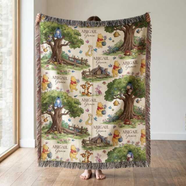 Personalized Pooh Woven Blanket, Custom Name Baby Nursery Throw Winnie Gift, Woodland Blanket - image 1