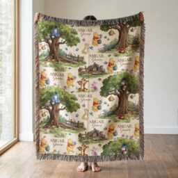 Personalized Pooh Woven Blanket, Custom Name Baby Nursery Throw Winnie Gift, Woodland Blanket - thumbnail 1