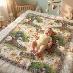 Personalized Pooh Woven Blanket, Custom Name Baby Nursery Throw Winnie Gift, Woodland Blanket - thumbnail 3