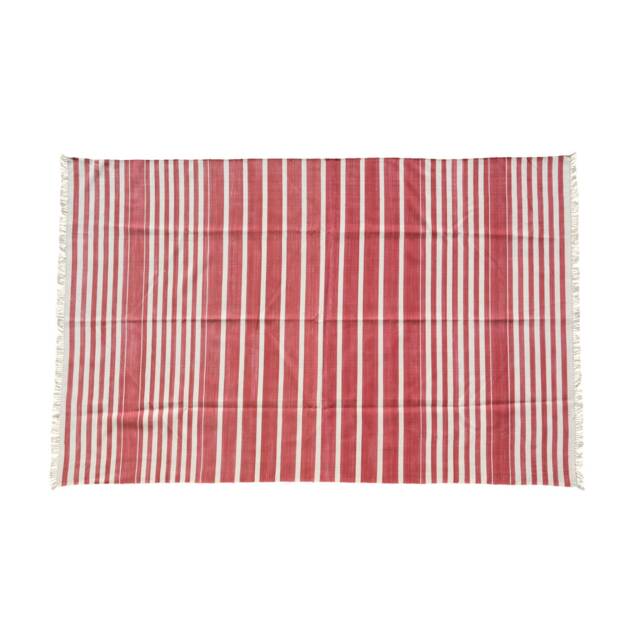 Handmade Cotton Area Rug Bright Red Striped Kilim Dhurrie, Reversible - image 1