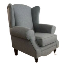 Wingback Fireside Chair Dark Grey Herringbone Fabric, Brass Castor Legs - thumbnail 1