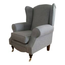 Wingback Fireside Chair Dark Grey Herringbone Fabric, Brass Castor Legs - thumbnail 2