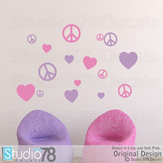 Peace Signs & Hearts Vinyl Decals - Children's Room Decor, 16Pk - image 1