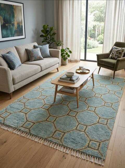 Hand Knotted Wool Oushak Rug, Modern Sage Green Geometric Area Rug - image 1