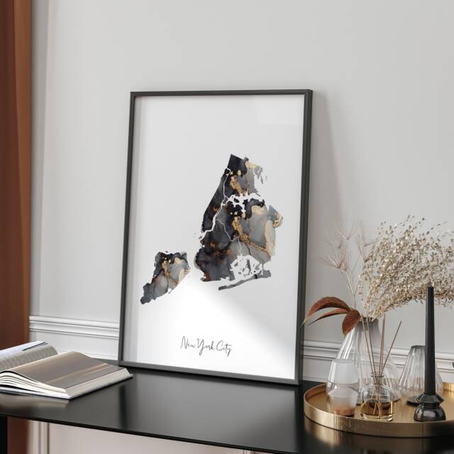 New York City Map Black & Gold Wall Art Print - Usa United States Of America [Ev] - image 1