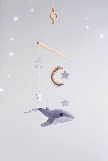 Whale Baby Crib Mobile, Fish Ocean Sea Under The Nursery Gold Moon Silver Stars - image 1