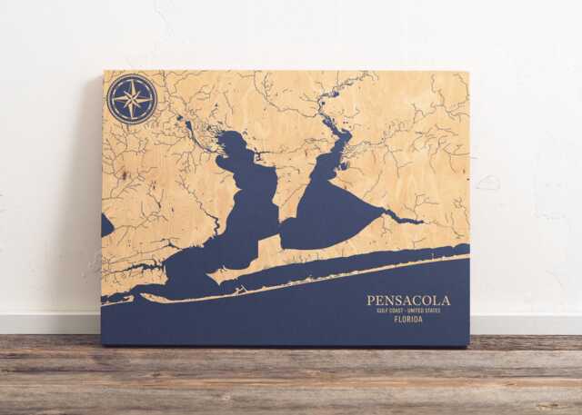 Pensacola, Florida Map - Engraved Wood Coastal Art Sign, Beach House Home Decor Wall Hanging Nautical Print, Unique Personalized Family Gift - image 1