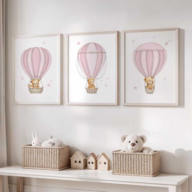 Teddy Bear Hot Air Balloon Nursery Prints Pink Girl Decor Set - image 1