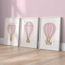 Teddy Bear Hot Air Balloon Nursery Prints Pink Girl Decor Set - thumbnail 2