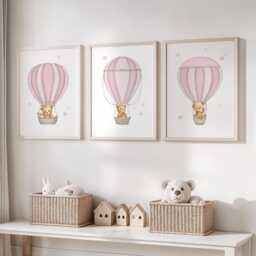 Teddy Bear Hot Air Balloon Nursery Prints Pink Girl Decor Set - thumbnail 1