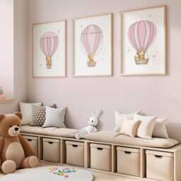 Teddy Bear Hot Air Balloon Nursery Prints Pink Girl Decor Set - thumbnail 3