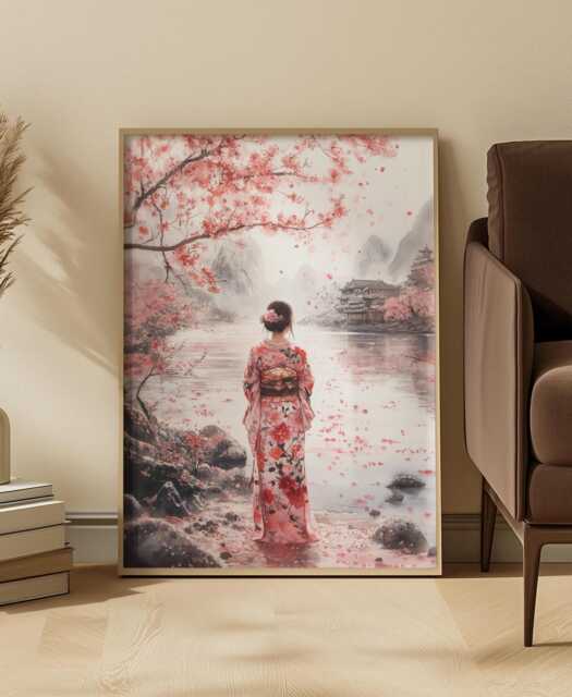 Japanese Watercolor Kimono Figure Art Print Soft Pink Serene Cherry Blossom Scene - image 1