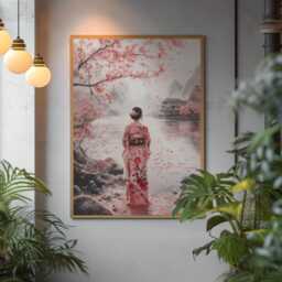 Japanese Watercolor Kimono Figure Art Print Soft Pink Serene Cherry Blossom Scene - thumbnail 3