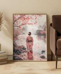 Japanese Watercolor Kimono Figure Art Print Soft Pink Serene Cherry Blossom Scene - thumbnail 1