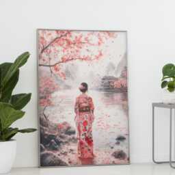 Japanese Watercolor Kimono Figure Art Print Soft Pink Serene Cherry Blossom Scene - thumbnail 2