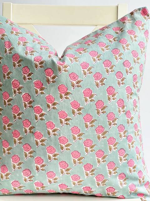 Block Print Flower Pillow Pink Peach Boho Farmhouse Decor - image 1