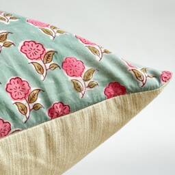 Block Print Flower Pillow Pink Peach Boho Farmhouse Decor - thumbnail 2