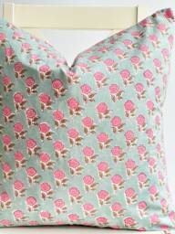 Block Print Flower Pillow Pink Peach Boho Farmhouse Decor - thumbnail 1