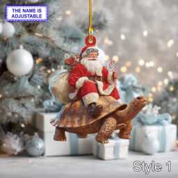 Santa Riding Sea Turtle Acrylic 2D Flat Christmas Ornament, Festive Tree Hanging Holiday Decoration, Unique Turtle Gift - thumbnail 1