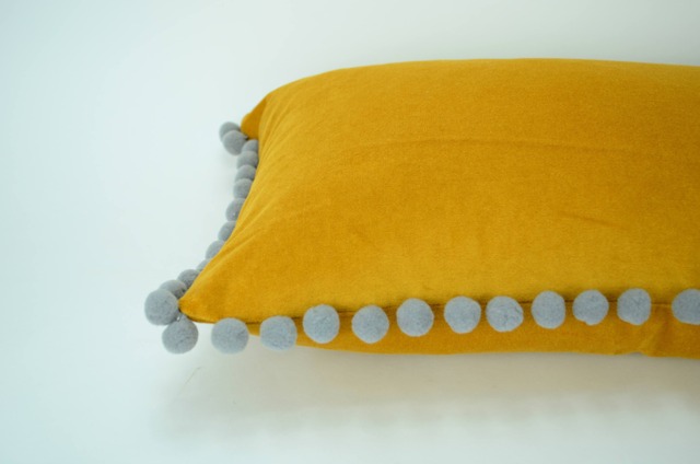 Mustard Yellow Velvet Pom Pillow - Grey Accent Cushion - image 1