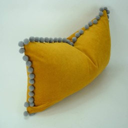 Mustard Yellow Velvet Pom Pillow - Grey Accent Cushion - thumbnail 4