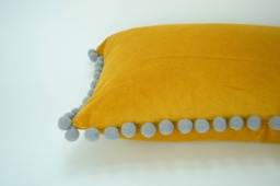 Mustard Yellow Velvet Pom Pillow - Grey Accent Cushion - thumbnail 1