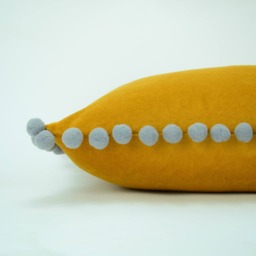 Mustard Yellow Velvet Pom Pillow - Grey Accent Cushion - thumbnail 2