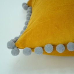 Mustard Yellow Velvet Pom Pillow - Grey Accent Cushion - thumbnail 3