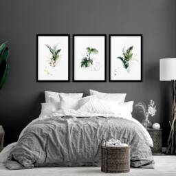 Trendy Above Bed Decor Botanical Watercolor Greenery Framed 3 Piece Wall Art Print Set, Designer Tropical Plant Wall Art For Apartment - thumbnail 1