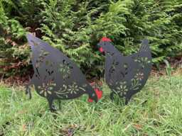 Set Of 2 Metal Chicken Hen Silhouette Garden Art Stakes/Spikes Ornament - thumbnail 1