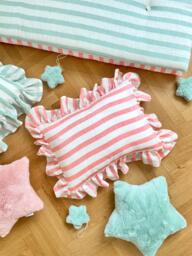 striped Linen Pillow Cover With Ruffles - Red White Pillowcase - thumbnail 1