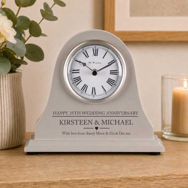 25Th Wedding Anniversary Couple Gift Personalised Engraved Grey Mantel Clock Silver Gifts Son Daughter Mum Dad Brother Etc - image 1