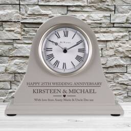 25Th Wedding Anniversary Couple Gift Personalised Engraved Grey Mantel Clock Silver Gifts Son Daughter Mum Dad Brother Etc - thumbnail 2